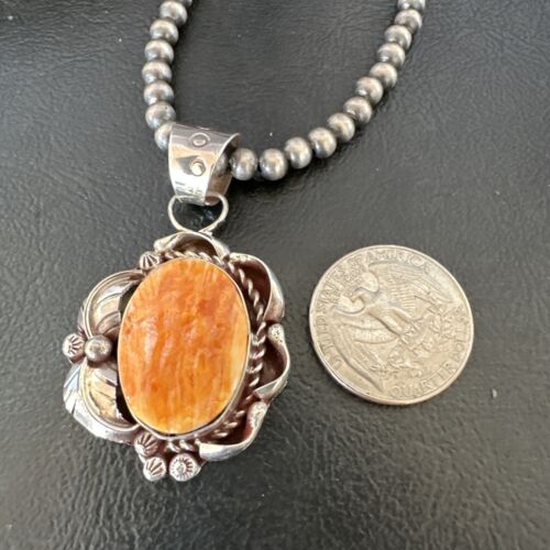 Navajo Orange Spiny Oyster Pendant Necklace | Sterling Silver Pearls | Authentic Native American Handmade | 16558