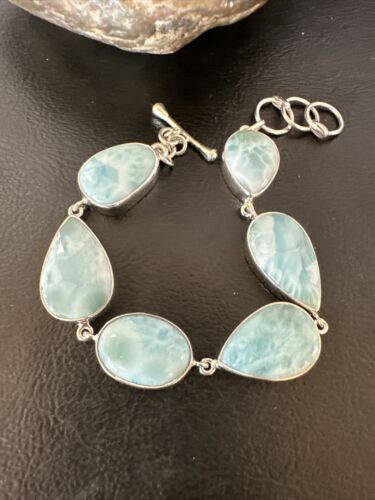 Navajo Blue Larimar Link Bracelet | Sterling Silver | 8" | Authentic Native American Handmade | 16079