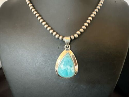 Navajo Blue Larimar Pendant Necklace | Sterling Silver Beads | Authentic Native American Handmade | 17569 - Masha USA
