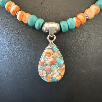 Navajo Spiny Turquoise Pendant Necklace | Sterling Silver | 22" | Authentic Native American Handmade | 17414