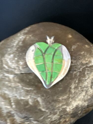 Navajo Green Gaspeite Heart Pendant Necklace | Sterling Silver Inlay | Authentic Native American Handmade | 15192
