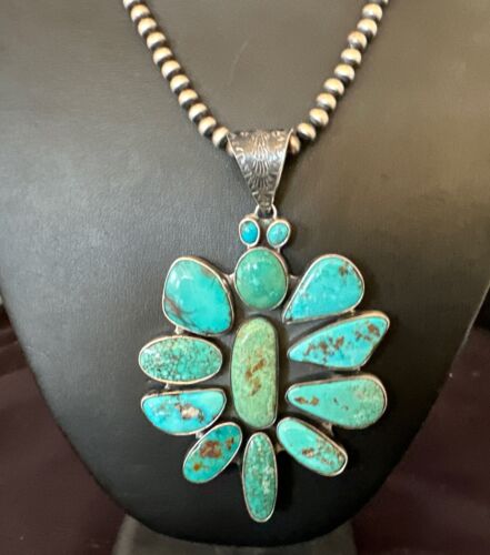 Navajo Blue Kingman Turquoise Cluster Pendant Necklace | Sterling Silver | Native American Handmade | 16797