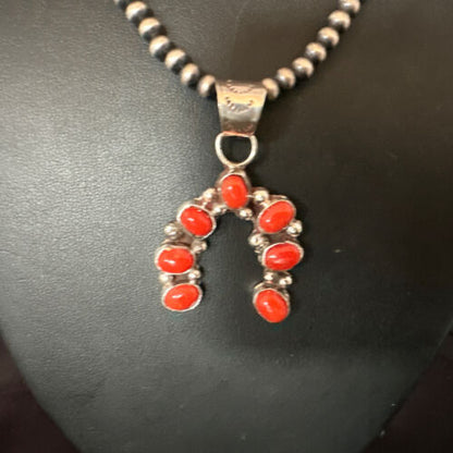 Navajo Horseshoe Naja Red Coral Pendant Necklace | Sterling Silver | Authentic Native American Handmade | 15754