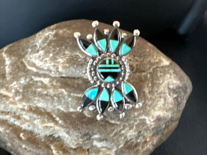 Zuni Blue Turquoise Black Onyx Sunface Inlay Ring | Sterling Silver | Sz 8 | 16432