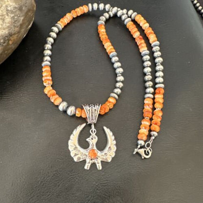 Navajo Thunderbird Orange Spiny Oyster Pendant Necklace | Sterling Silver | Authentic Native American Handmade | 16852