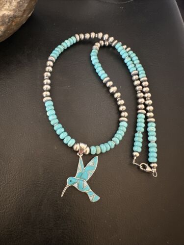Navajo Turquoise Opal Hummingbird Inlay Pendant | Sterling Silver Necklace | Authentic Native American Handmade | 16844