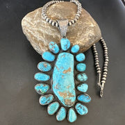 Navajo Blue Kingman Turquoise Cluster Pendant Necklace | Sterling Silver | Authentic Native American Handmade | 16794