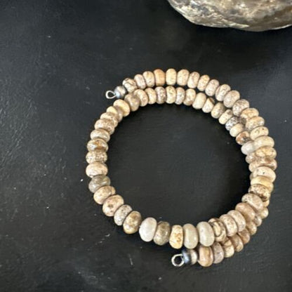 Navajo Brown Picture Jasper Bead Bracelet | 6mm | Sterling Silver | Authentic Native American Handmade | 15244 - Masha USA