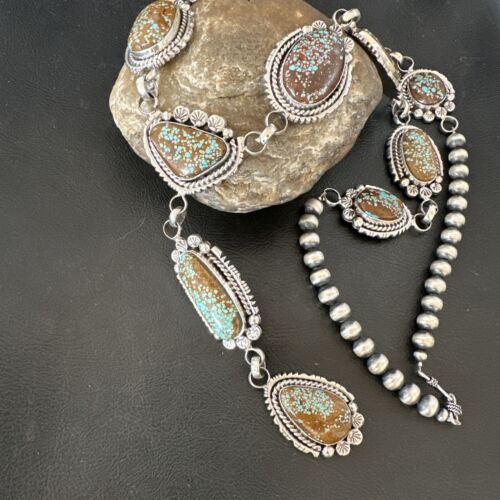 Navajo XL Blue Turquoise #8 Squash Blossom Necklace | Sterling Silver | 18" | Authentic Native American Handmade | 17205