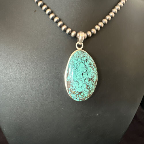 Men's Navajo Blue Spiderweb Turquoise Pendant Necklace | Sterling Silver | Authentic Native American Handmade | 16194