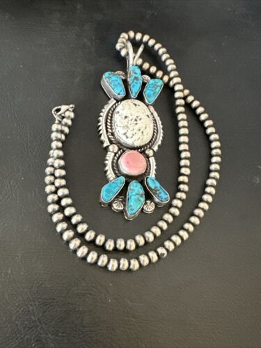 Navajo Blue Kingman Turquoise Cluster Pendant | Sterling Silver | 4" | Authentic Native American Handmade | 17419
