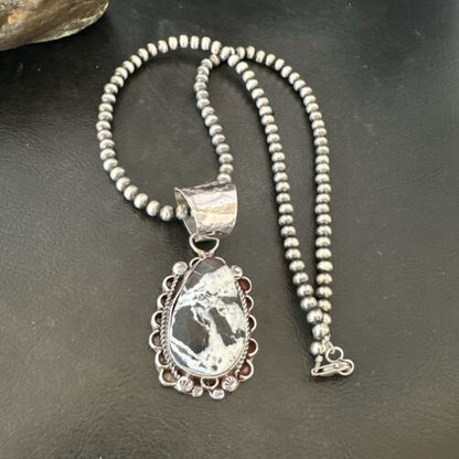 Men's White Buffalo Turquoise Pendant | Navajo Pearl Sterling Silver Necklace 21" | Handmade 17039