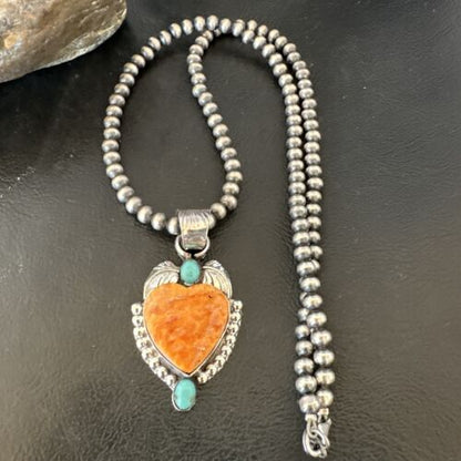 Navajo Spiny Oyster Heart | Turquoise Pendant Necklace | Sterling Silver | Authentic Native American Handmade | 16457