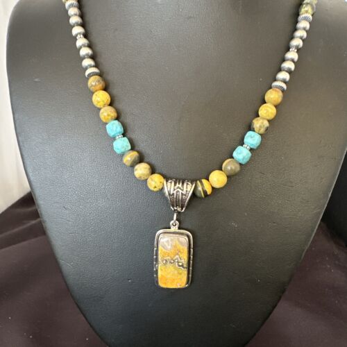Men's BumbleBee Jasper Pendant Necklace | Navajo Pearls | Sterling Silver | Authentic Native American Handmade | 16873
