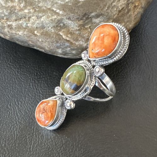 Navajo Green Turquoise Spiny Oyster Multi-Stone Ring | Authentic Native American Sterling Silver | Sz 10 | 16714