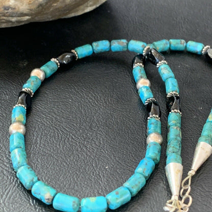 Authentic Tommy Singer Beads Necklace | Turquoise & Onyx | Sterling Silver | Gold | Native American Handmade | 17" | 10390