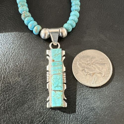 Men's and Women's Turquoise #8 Inlay Pendant Necklace | Navajo Sterling Silver | Authentic Native American Handmade | 17075
