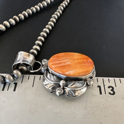 Navajo Orange Spiny Oyster Pendant Necklace | Sterling Silver | Authentic Native American Handmade | 15630
