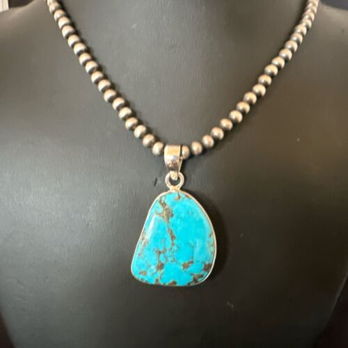 Navajo Blue Kingman Turquoise Pendant with Pearls | Sterling Silver Necklace | 20" | 17008