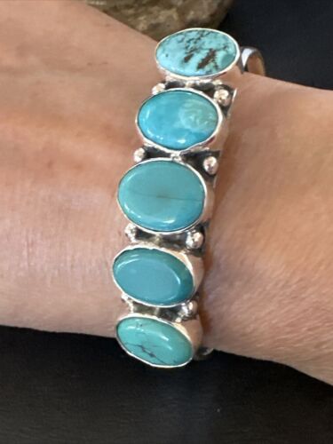 Women's Blue Turquoise 5-Stone Cuff Bracelet | Navajo Sterling Silver | Authentic Native American Jewelry | 16281