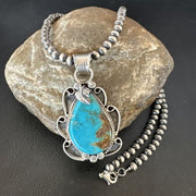 Men's Blue Kingman Turquoise Pendant Necklace | Navajo Pearls | Sterling Silver | 16022