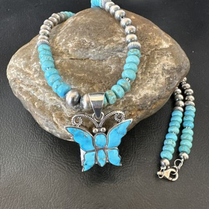 Navajo Butterfly Blue Ridge Turquoise Inlay Pendant Necklace | Sterling Silver | Authentic Native American Handmade | 16642