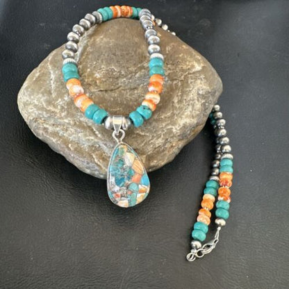 Navajo Spiny Turquoise Pendant Necklace | Sterling Silver | 22" | Authentic Native American Handmade | 17413