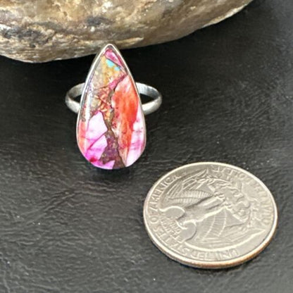 Navajo Turquoise Spiny Oyster Ring | Sterling Silver | Sz 8 | Authentic Native American Handmade | 16624