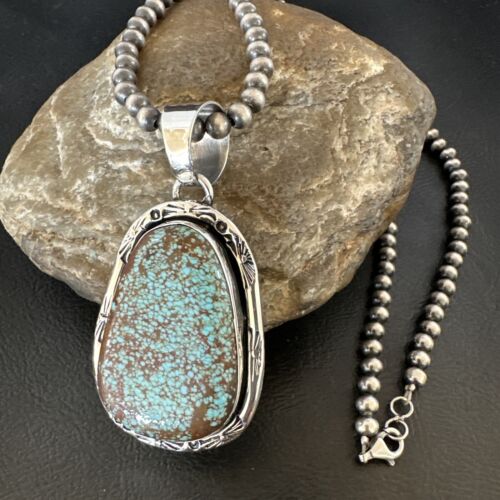 Navajo Blue Turquoise #8 Pendant | Sterling Silver Necklace with Pearls | Authentic Native American Handmade | 16347