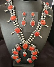 Red Coral Naja Pendant | Sterling Silver Squash Blossom Necklace & Earrings | Native American | 17048