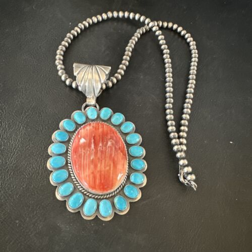 Navajo Kingman Turquoise & Red Spiny Oyster Pendant | Sterling Silver | Authentic Native American Handmade | 15449