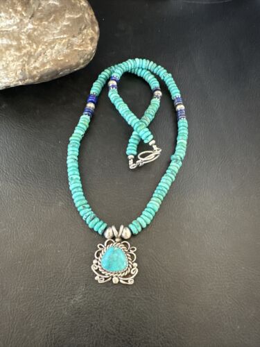 Blue Turquoise Pendant | Navajo Pearls Lapis | Sterling Silver Necklace 21" | 17539