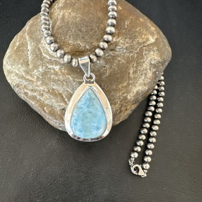 Navajo Blue Larimar Pendant Necklace | Sterling Silver Beads | Authentic Native American Handmade | 17562
