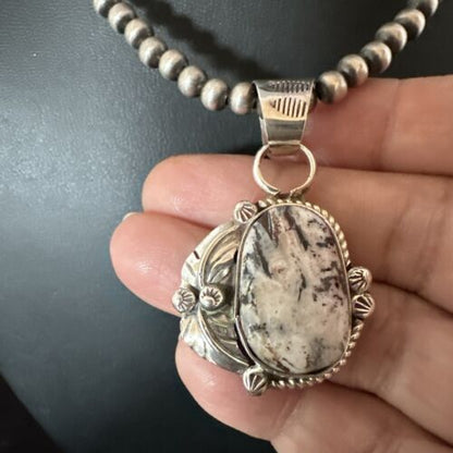 Men's White Buffalo Turquoise Pendant Necklace | Navajo Pearls | Sterling Silver | Native American Handmade | 17334