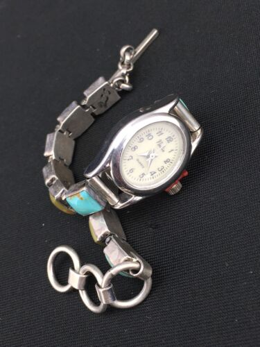 Navajo Blue Green Turquoise Watch Tips | Sterling Silver | Vintage | 7" | Authentic Native American Jewelry | 04916