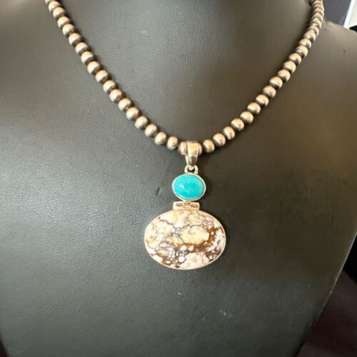 Navajo Wild Horse Blue Kingman Turquoise Necklace | Sterling Silver | Authentic Native American Handmade | 17323