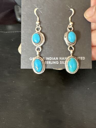 Kingman Turquoise Dangle Earrings | Navajo Sterling Silver | Authentic Native American Handmade | 14863