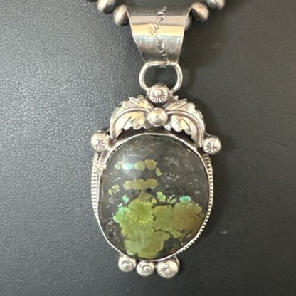 Navajo Green Turquoise Pendant Necklace | Sterling Silver | Authentic Native American Handmade | 15039