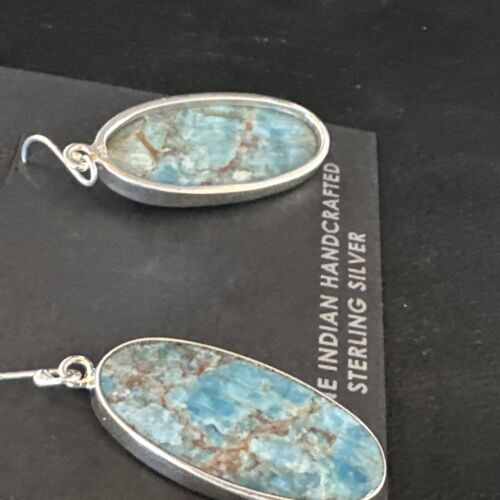 Navajo Blue Turquoise Dangle Earrings | Sterling Silver | Authentic Native American Handmade | 15429