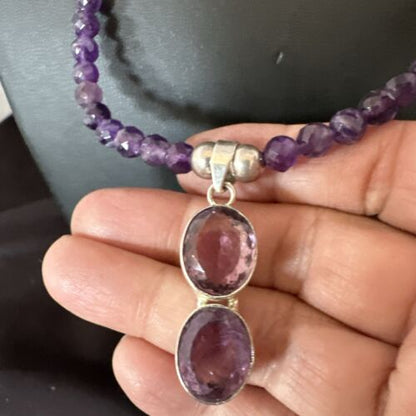 Southwestern Navajo Amethyst Pendant | Sterling Silver Pearls Necklace | 19" | 17502 - Masha USA