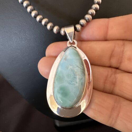 Navajo Blue Larimar Pendant Necklace | Sterling Silver Beads | Authentic Native American Handmade | 16485