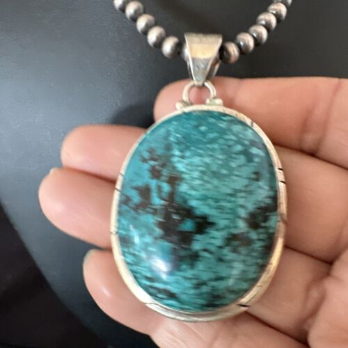 Navajo Blue Spiderweb Turquoise Pendant Necklace | Sterling Silver | Authentic Native American Handmade | 16199