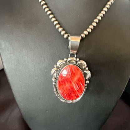 Navajo Red Spiny Oyster Pendant Necklace | Sterling Silver | Authentic Native American Handmade | 17560
