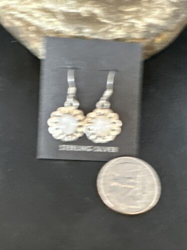 Navajo White Mother of Pearl Dangle Earrings | Sterling Silver | Authentic Native American Handmade | 15307