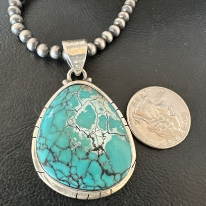 Men's Navajo Blue Spiderweb Turquoise Pendant Necklace | Sterling Silver | Authentic Native American Handmade | 16203