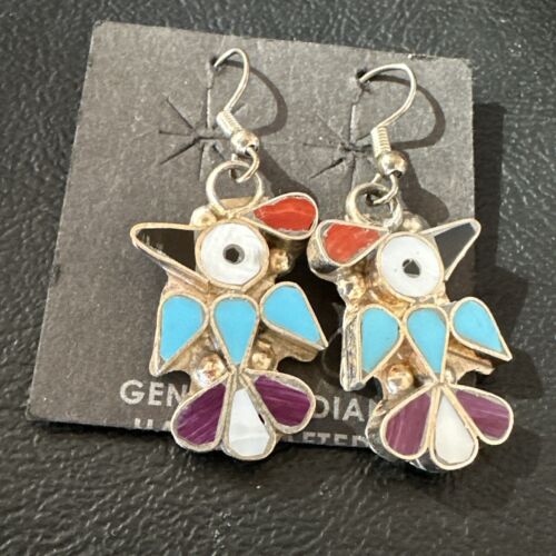 Zuni Peyote Bird Earrings | Coral Turquoise Onyx Inlay | Sterling Silver | 17137