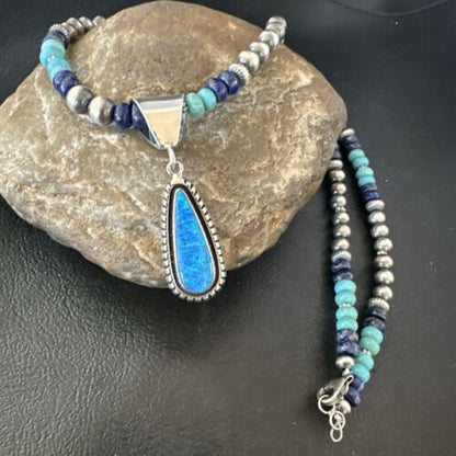 Navajo Opal Inlay Pendant with Turquoise & Lapis | Sterling Silver Necklace | Authentic Native American Handmade | 16848