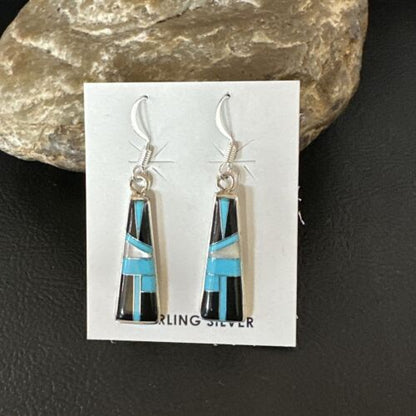 Navajo Blue Turquoise Black Onyx Inlay Earrings | Sterling Silver | 1" | Authentic Native American Handmade | 15700