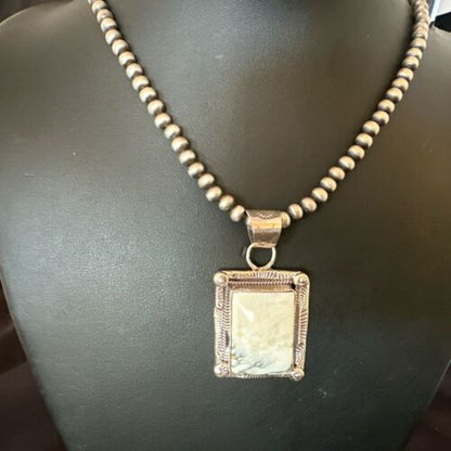 White Buffalo Turquoise Pendant | Navajo Pearls Sterling Silver Necklace | Authentic Native American Handmade | 17104
