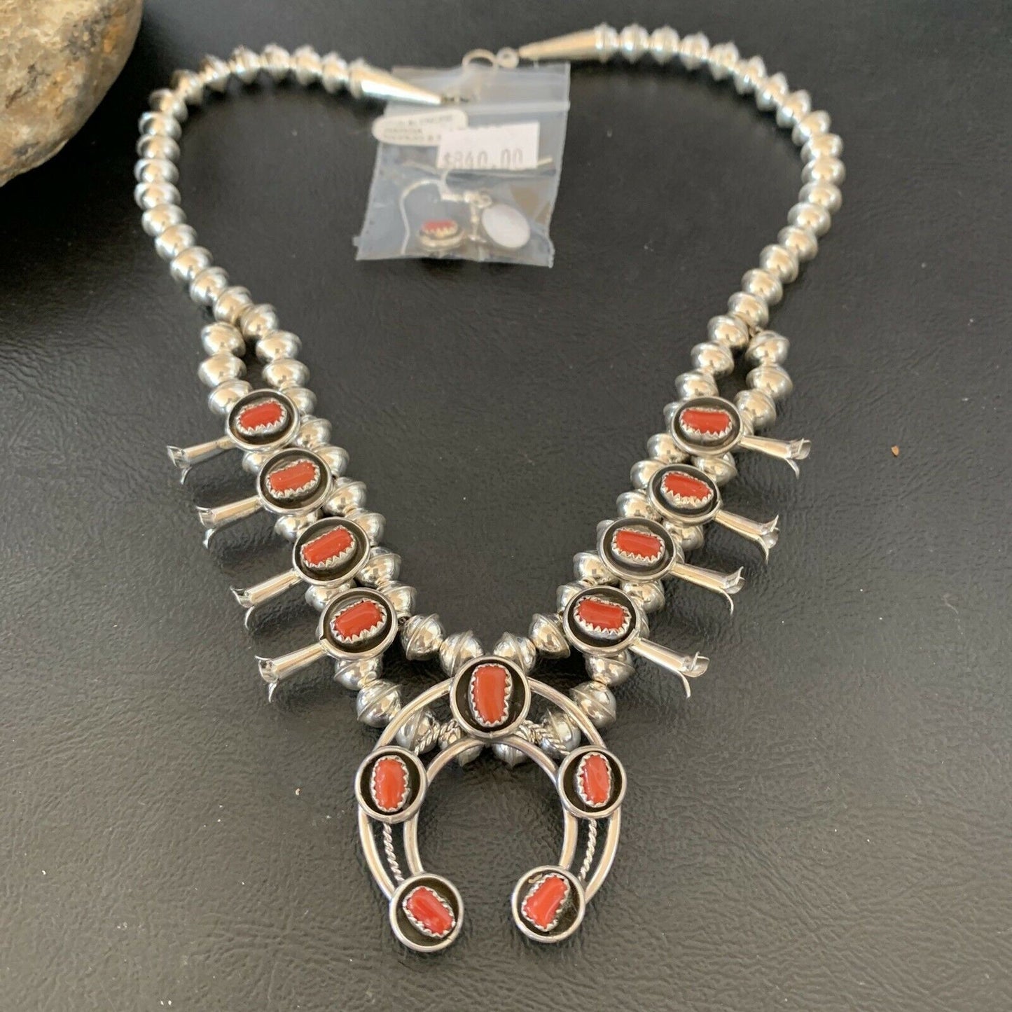 Navajo Coral Squash Blossom Necklace & Earrings | Sterling Silver Shadow Box | Authentic Native American Handmade | 10888